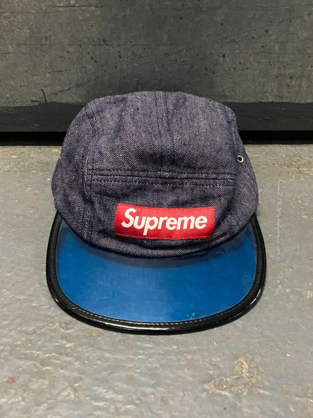 SUPREME BLUE DENIM ANGLER CAMP PVC VISOR BOX LOGO CAP HAT SS14